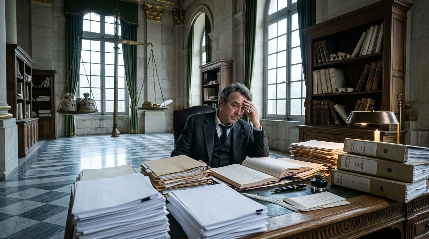 Homme en costume travaillant à un bureau couvert de dossiers légaux