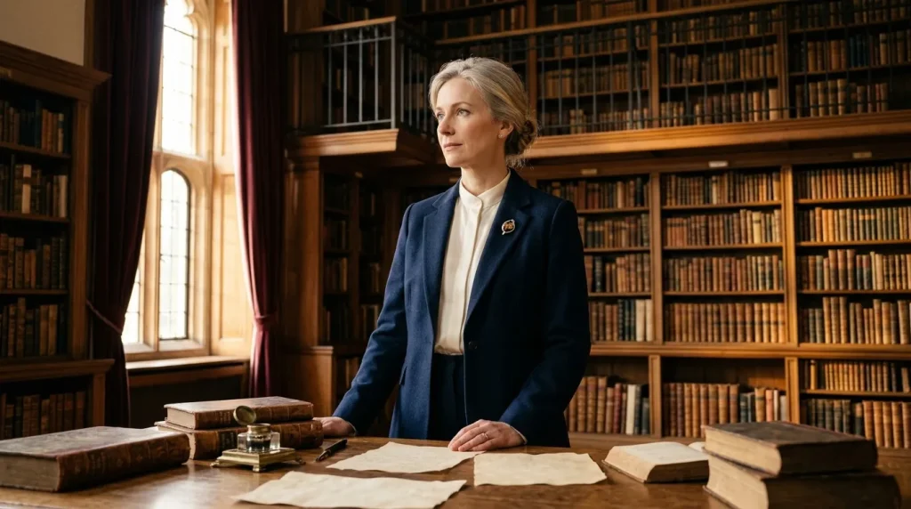 Femme en costume bleu dans une bibliothèque juridique