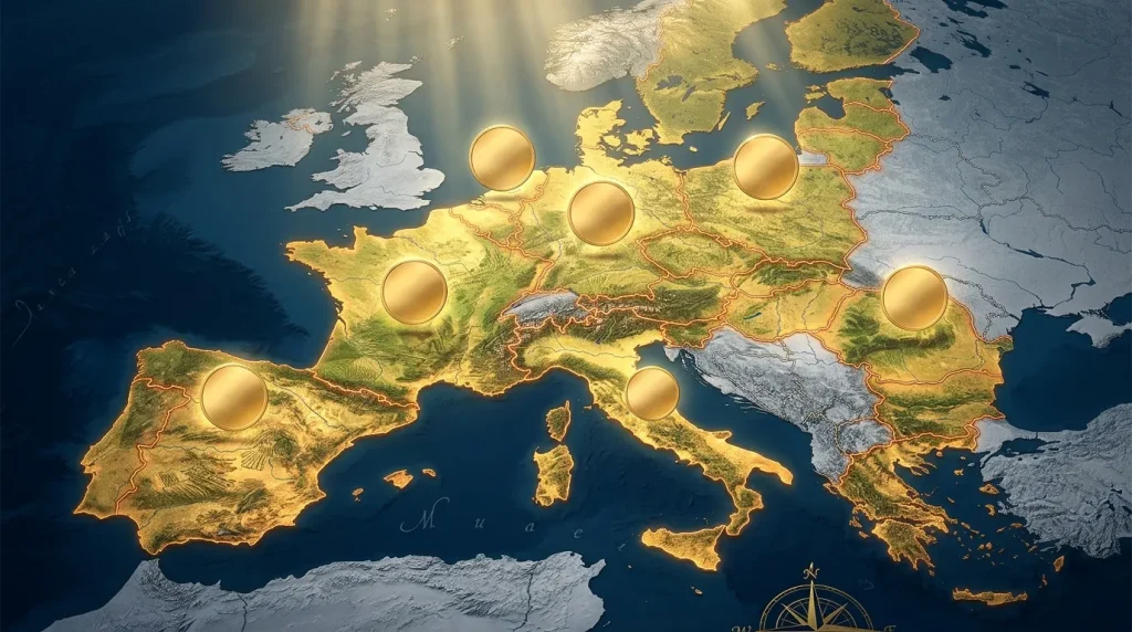 Carte topographique Europe avec sept marqueurs dorés