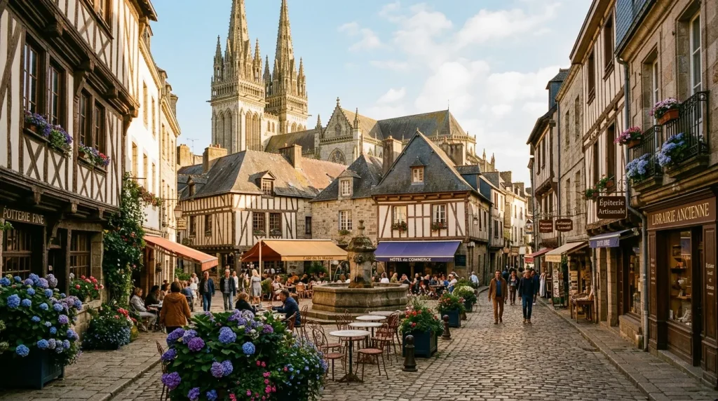 Rue pittoresque normande avec cathédrale gothique en arrière-plan