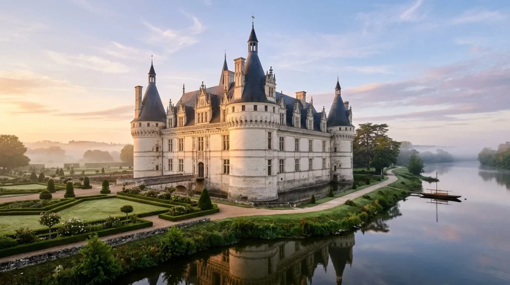 Majestueux château blanc avec tours pointues reflété dans rivière calme