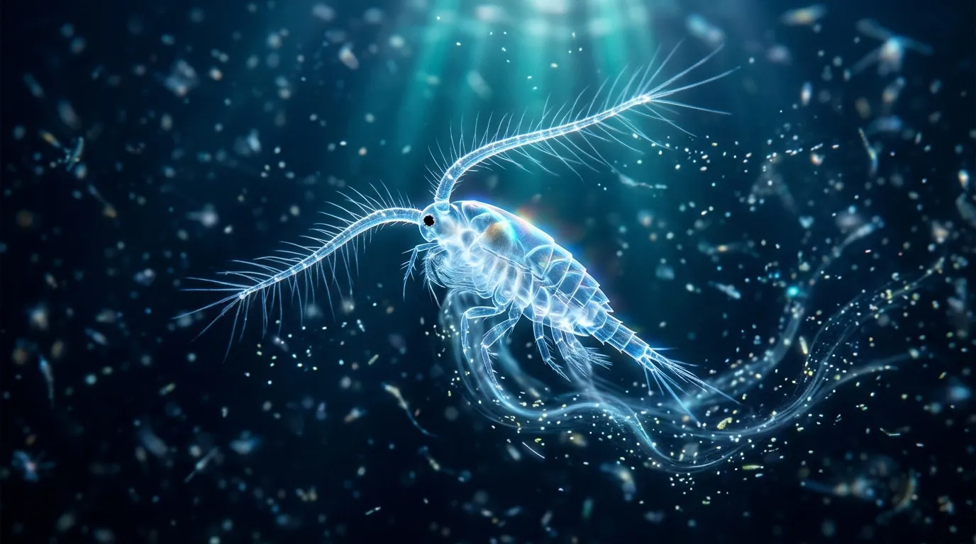 Petit crustacé marin translucide brillant dans l'eau profonde