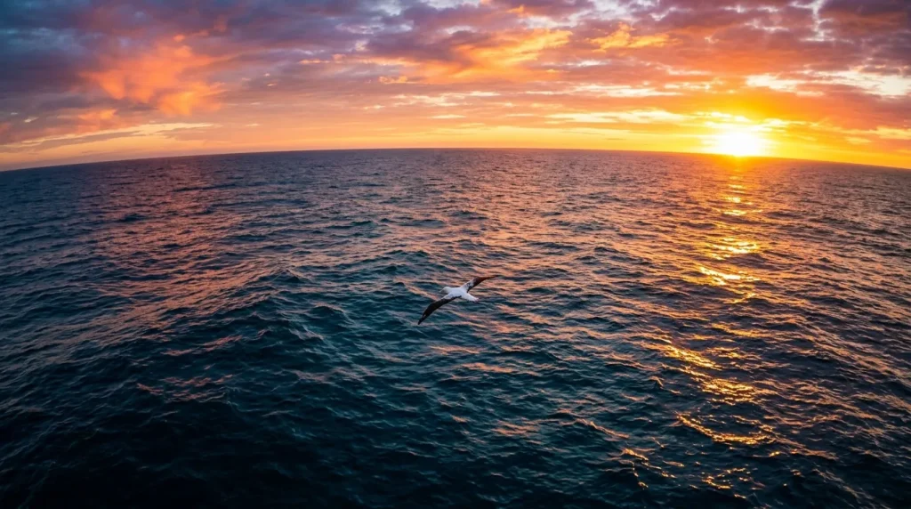 Un oiseau vole au-dessus de l'océan au coucher du soleil