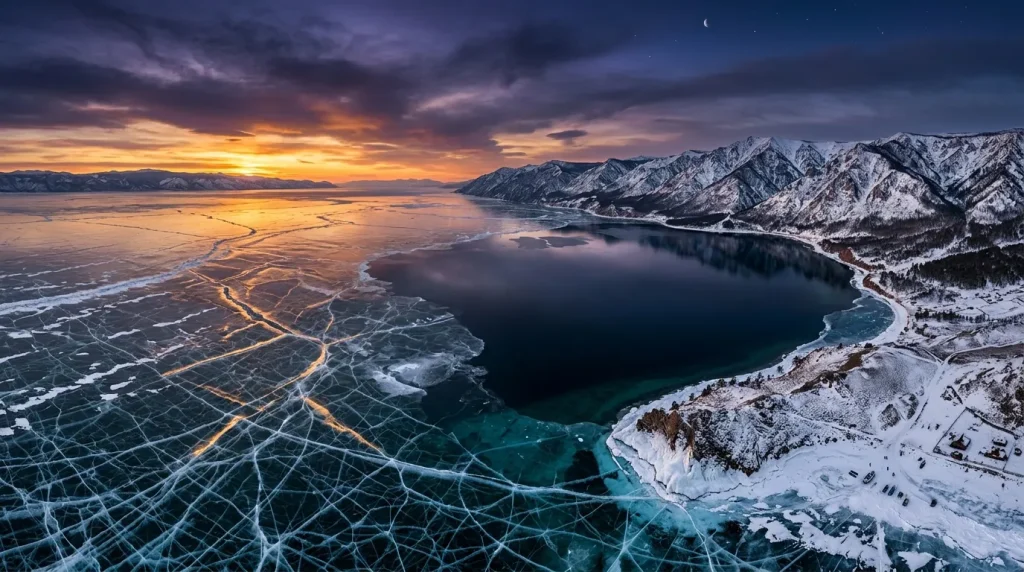 Lac gelé avec craquelures hivernales, montagnes enneigées coucher soleil