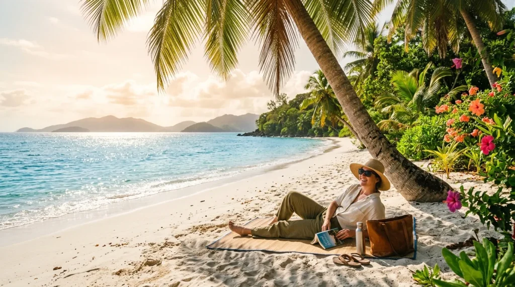 Femme relaxant sur plage tropicale avec palmier et fleurs colorées