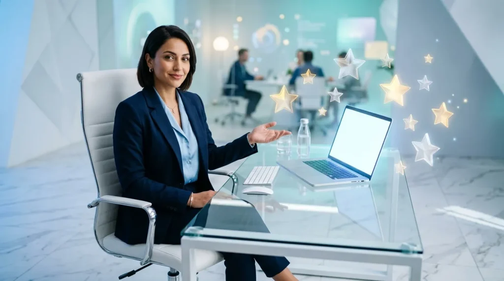 Femme d'affaires en bureau moderne avec ordinateur portable