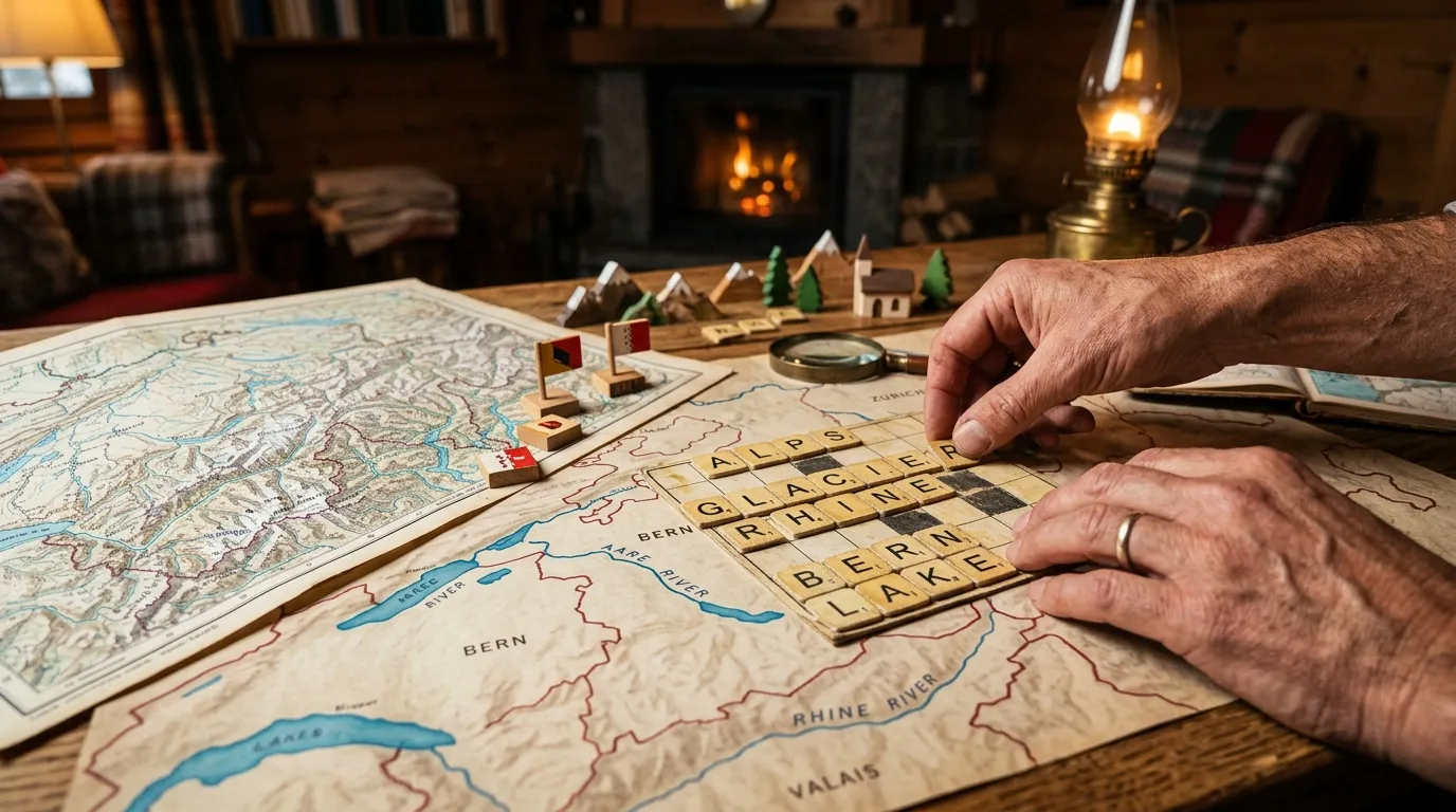 Mains explorant une carte historique avec jeu de lettres en bois