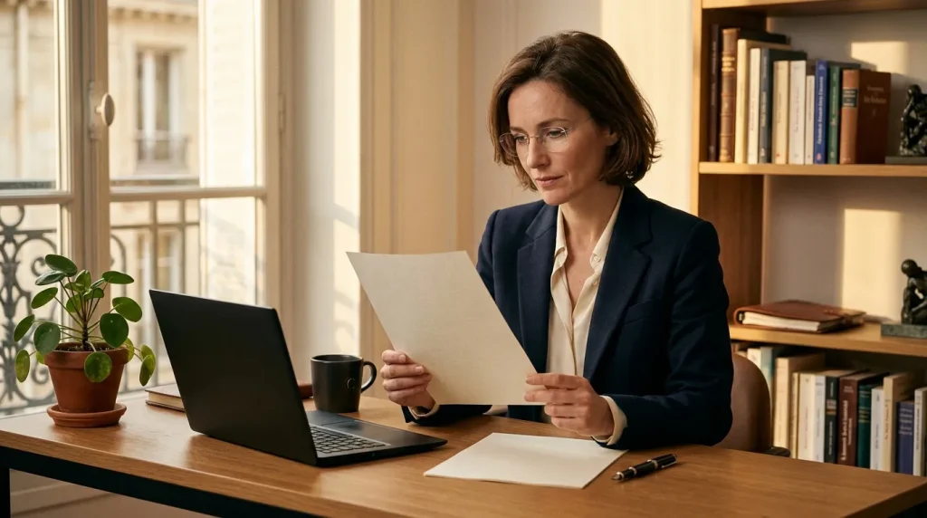 Professionnelle en costume examinant des documents au bureau