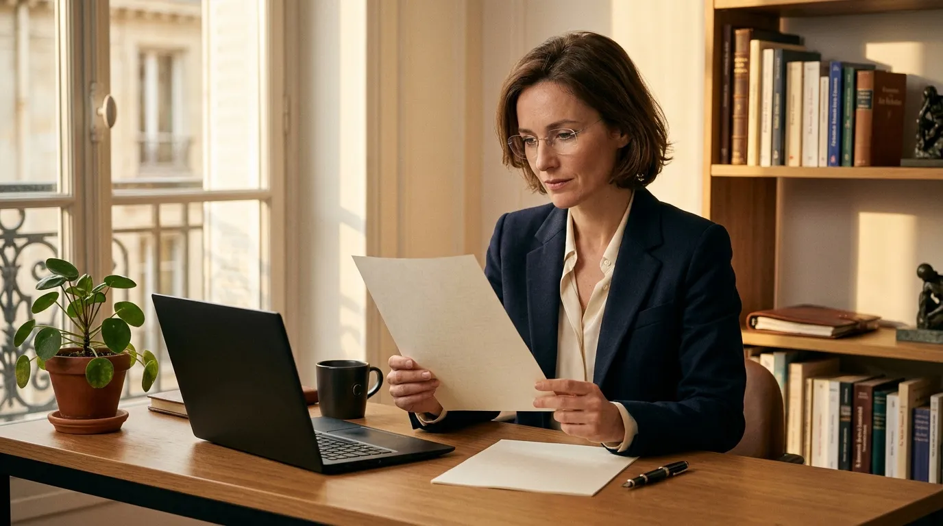 Professionnelle en costume examinant des documents au bureau