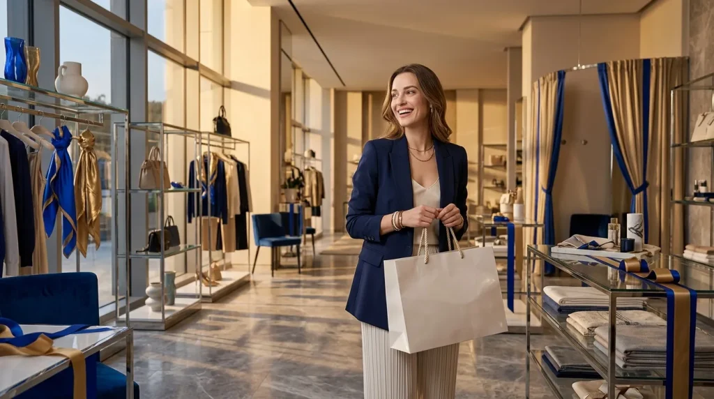 Femme élégante avec sac shopping dans boutique de mode haut de gamme