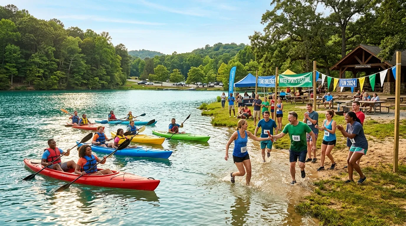 Coureurs et kayakistes participent à un festival sportif en plein air.