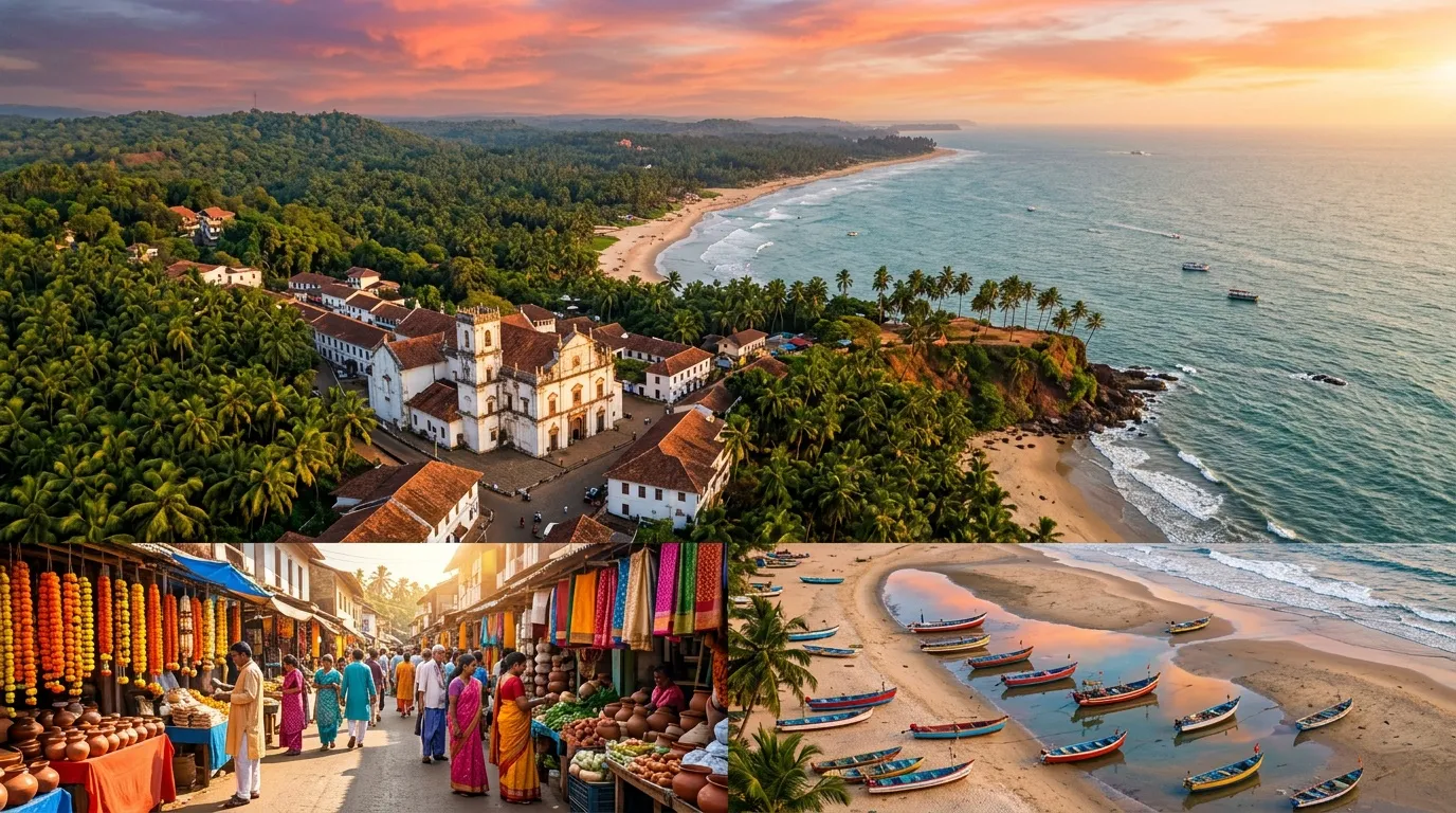 Vue aérienne de Goa montrant plages, église blanche, marché coloré, bateaux