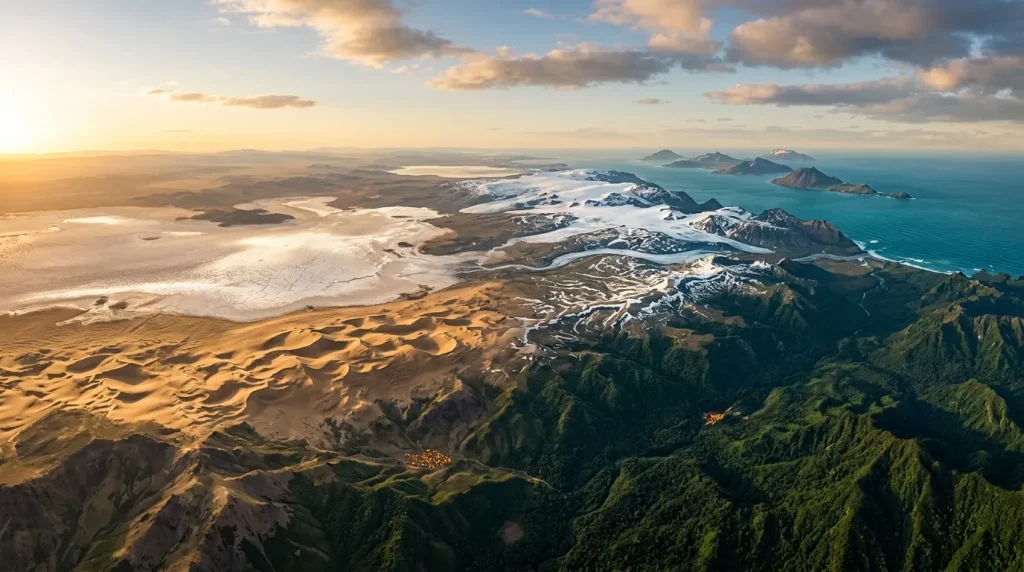 Vue aérienne de l'Islande avec désert, glaciers et océan turquoise