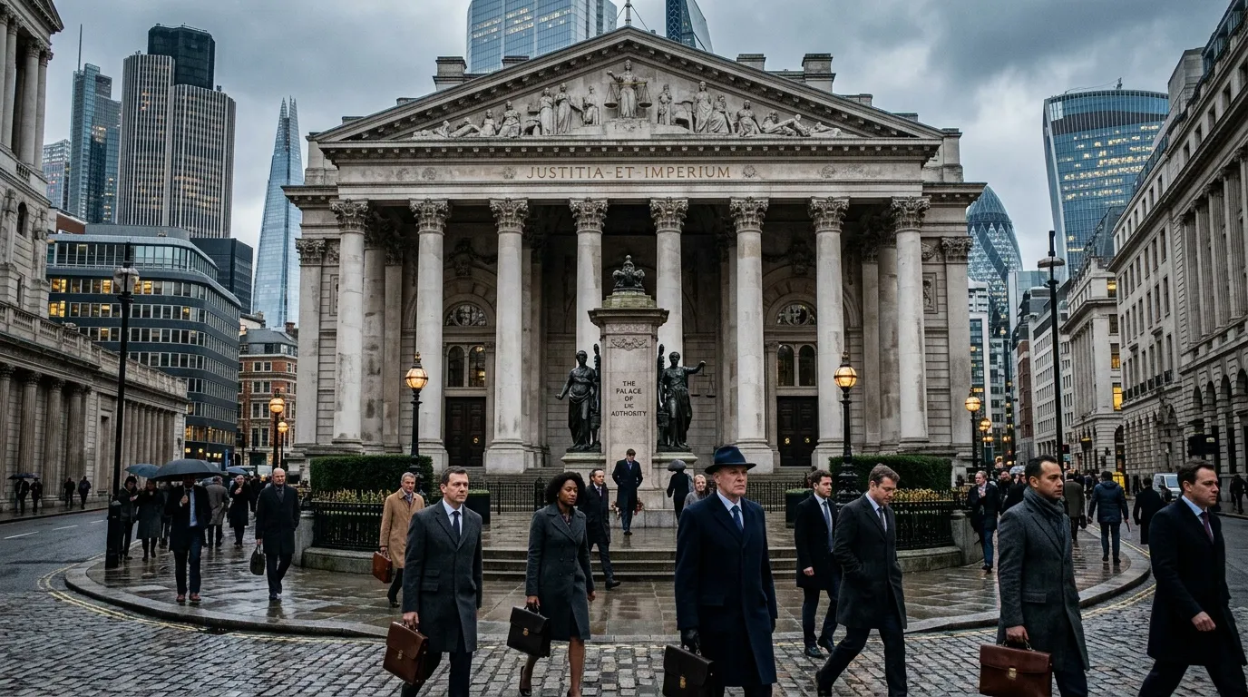Professionnels devant le bâtiment classique de la Bourse de Londres