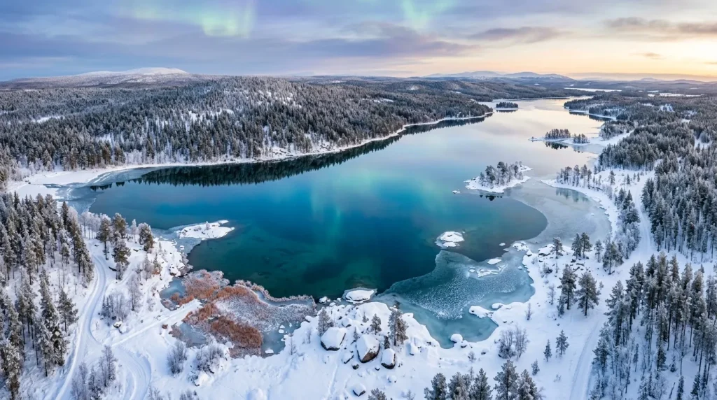 Lac gelé entouré de forêts enneigées et montagnes
