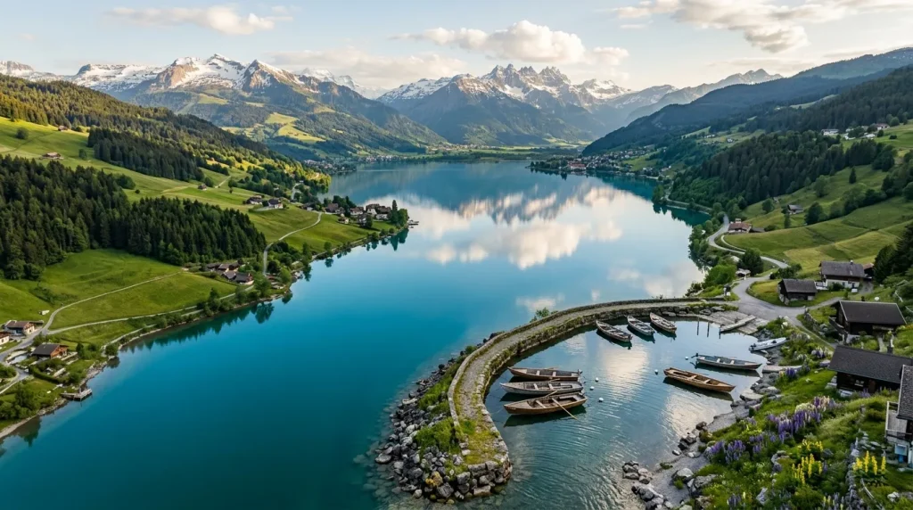 Lac turquoise entouré de montagnes enneigées et villages alpins