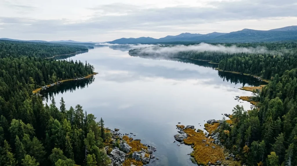 Lac entouré de forêts de conifères et montagnes lointaines
