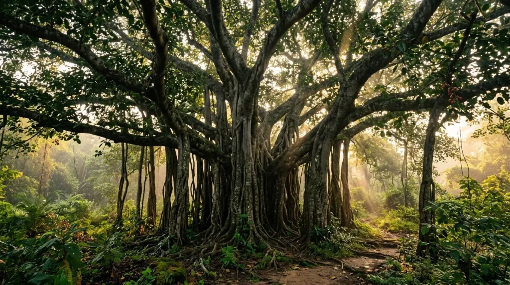 Immense arbre banyan avec racines aériennes en forêt tropicale humide