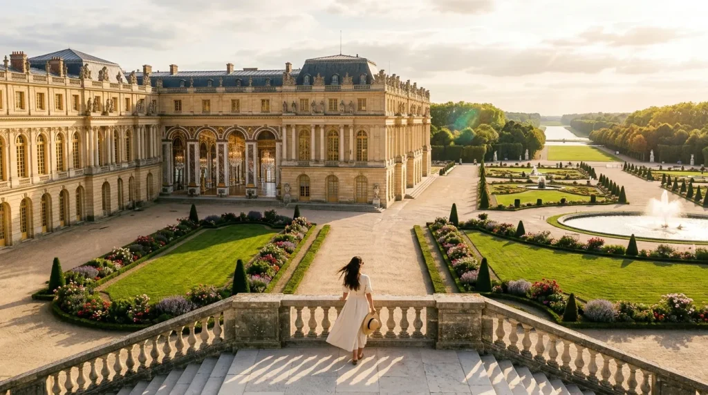 Femme contemplant les jardins du Château de Versailles