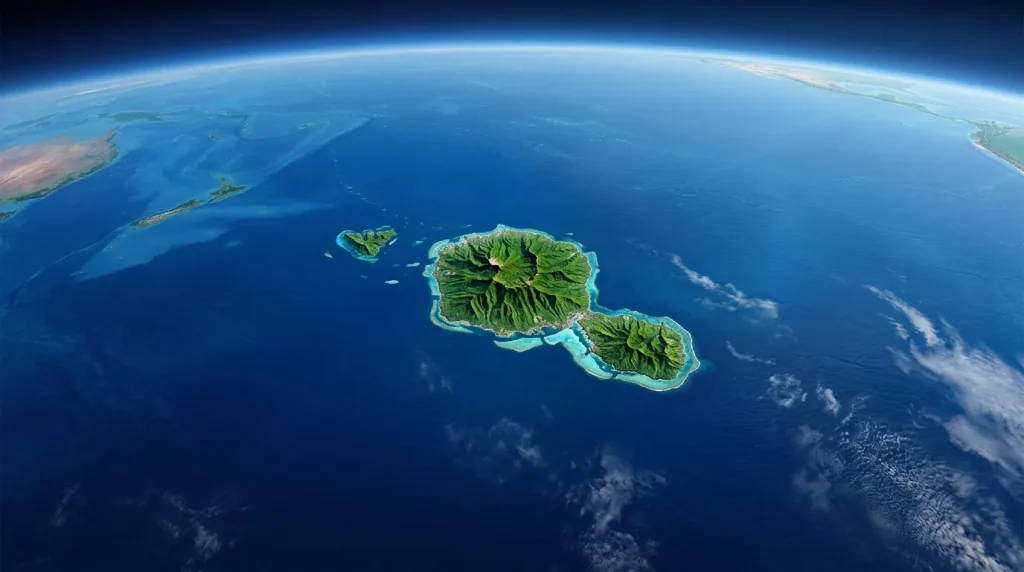 Deux îles verdoyantes entourées d'océan bleu depuis l'orbite