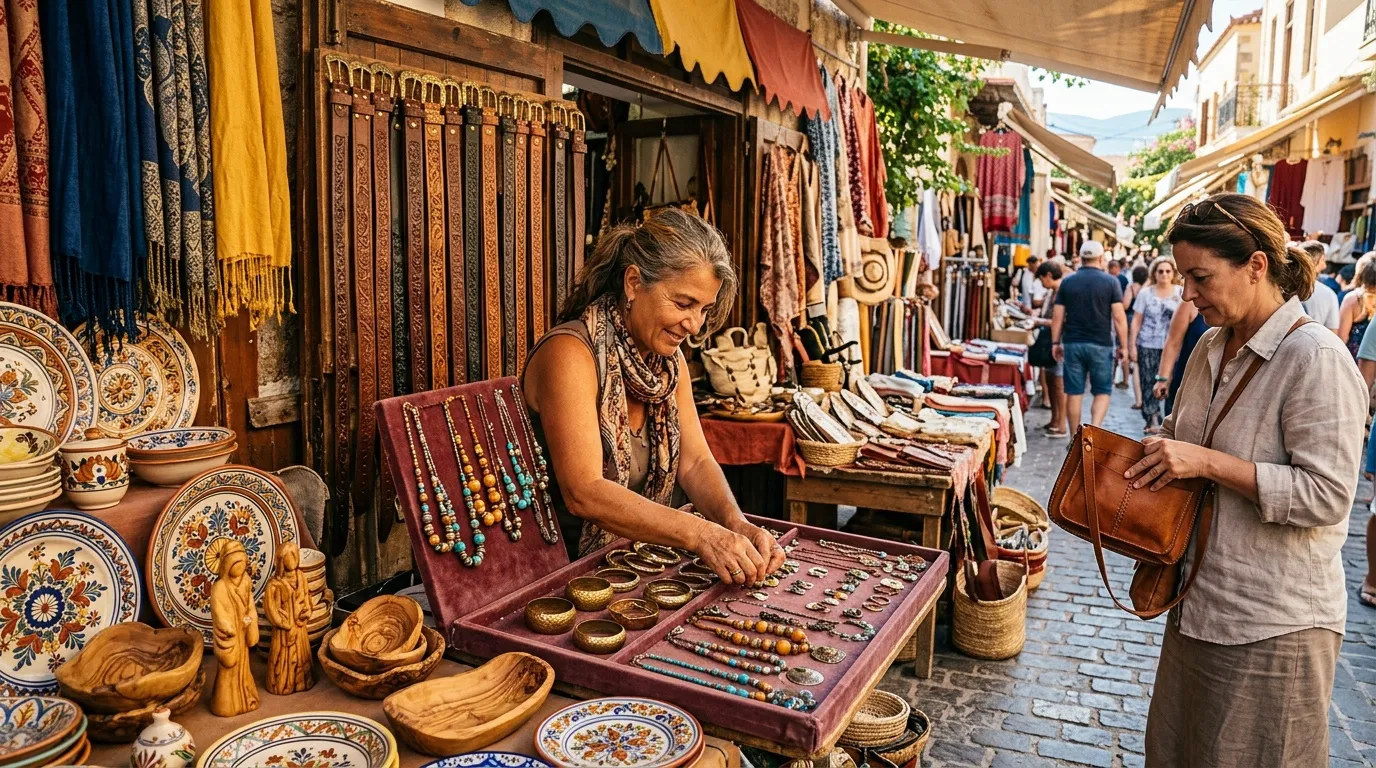 Femme vendeur présentant bijoux et artisanat dans marché traditionnel