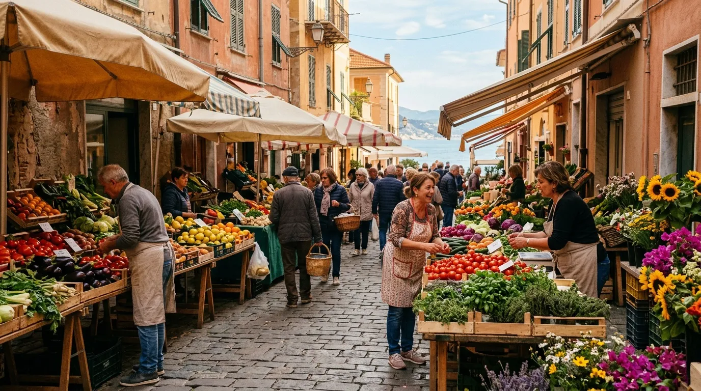 Marché provençal avec étals de fruits, fleurs colorées et clients