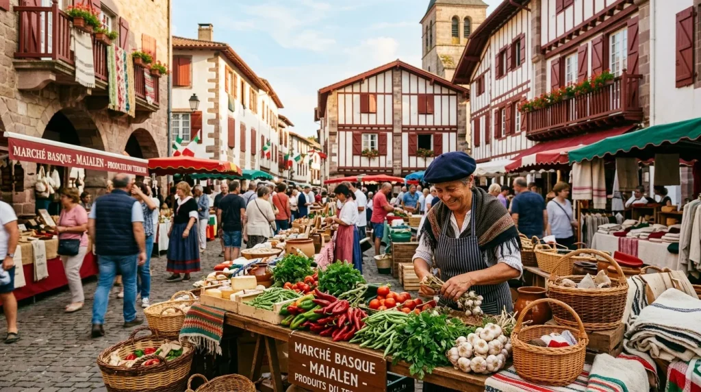Marché traditionnel basque avec vendeurs de légumes frais et produits locaux