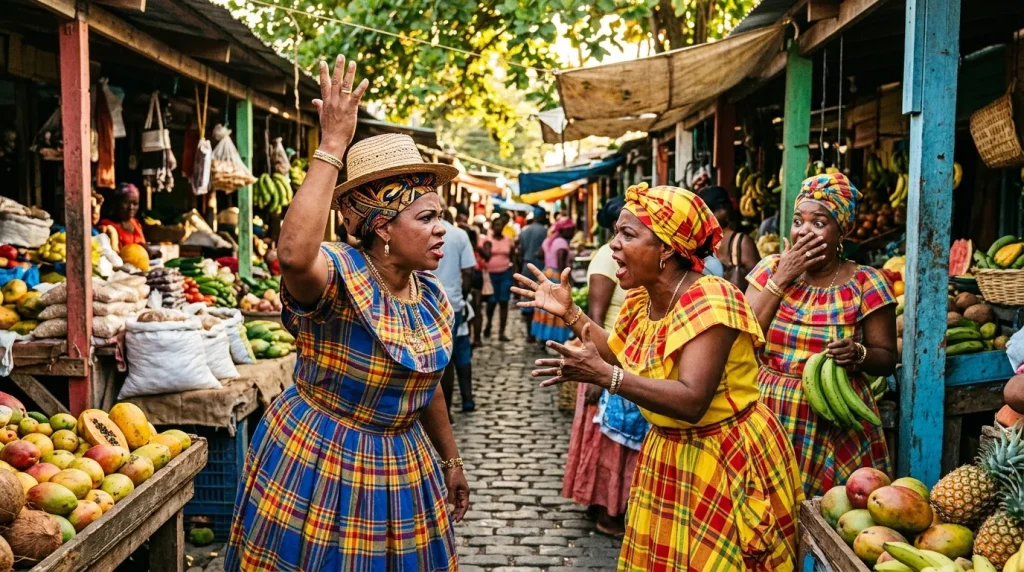 Femmes en tenues traditionnelles colorées discutent au marché