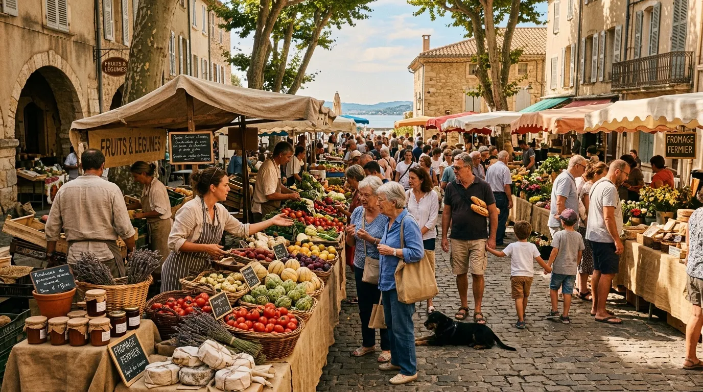 Marché traditionnel avec étals de fruits, légumes et foule de visiteurs