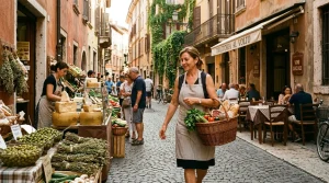 Femme portant panier dans une rue pavée avec marché local