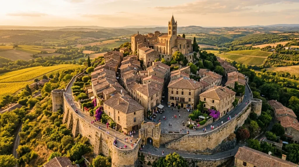 Château fortifié médiéval surplombant les collines toscanes verdoyantes