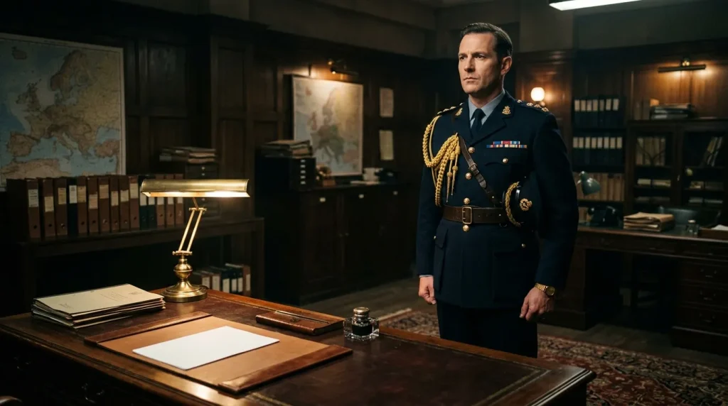 Officier en uniforme bleu dans un bureau militaire élégant