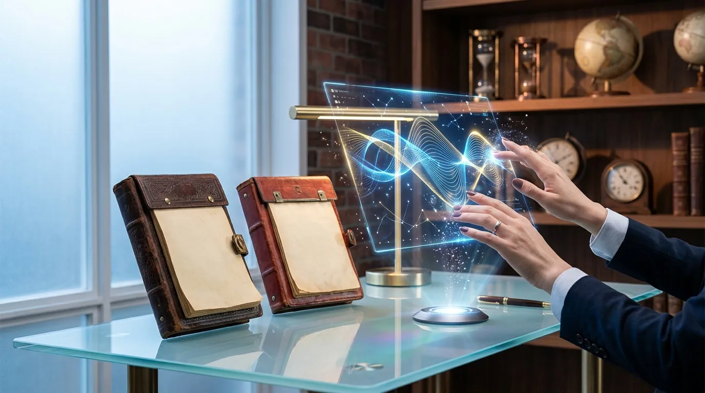 Mains interagissant avec interface holographique futuriste au bureau