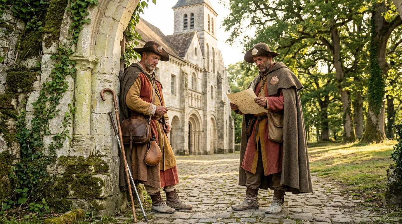 Deux pèlerins en costumes médiévaux consultent une carte devant une église.