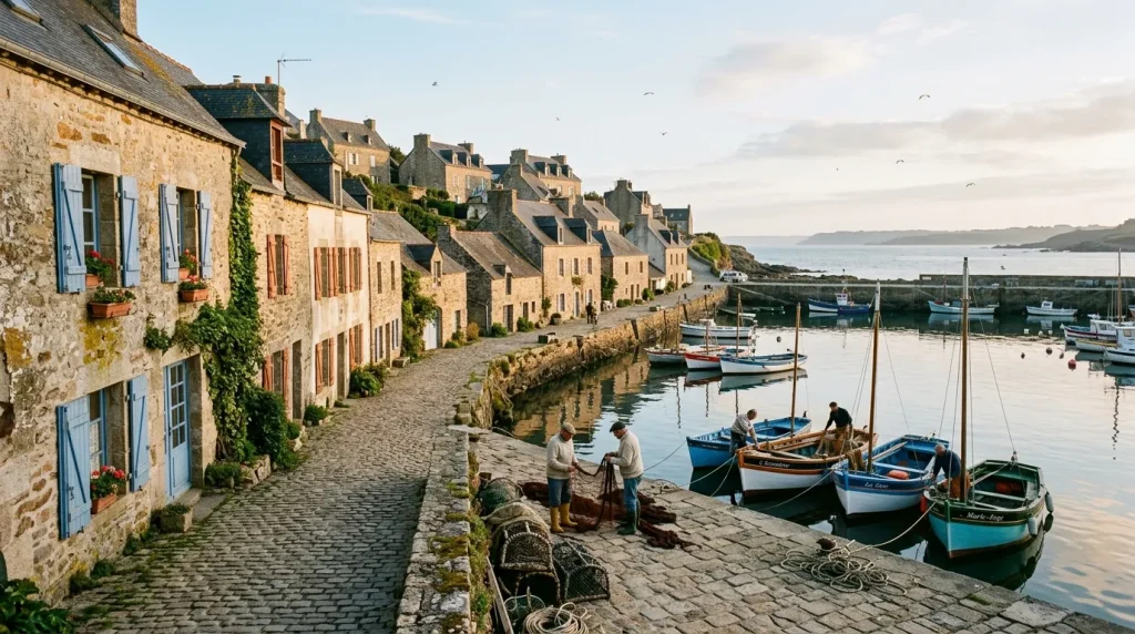 Village côtier avec maisons en pierre, bateaux de pêche colorés