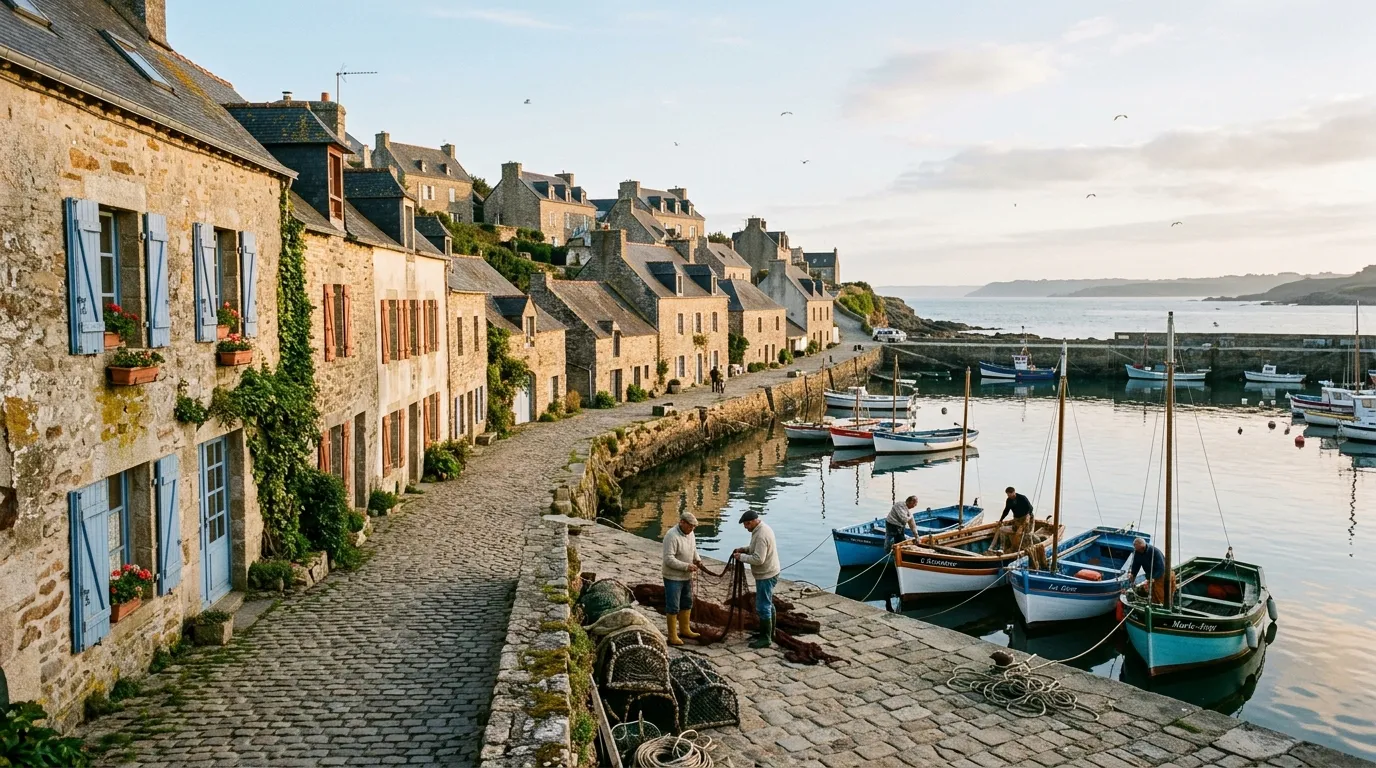 Village côtier avec maisons en pierre, bateaux de pêche colorés