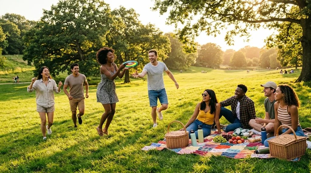 Groupe d'amis jouant au frisbee lors d'un pique-nique