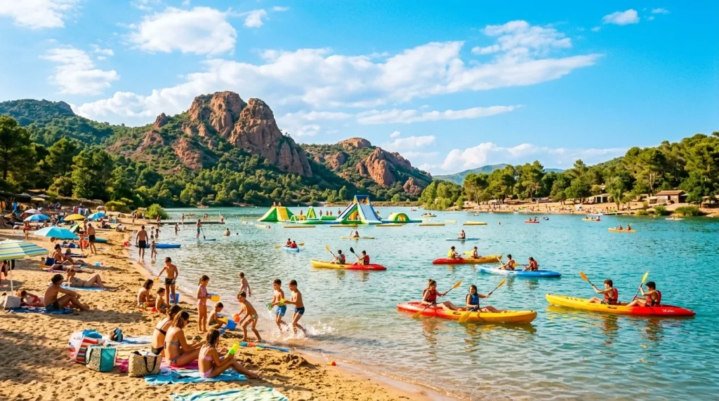 Plage bondée avec kayaks colorés et structures gonflables aquatiques