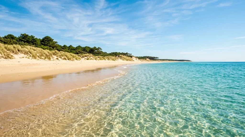 Plage déserte avec sable doré, eau cristalline et dunes herbeuses