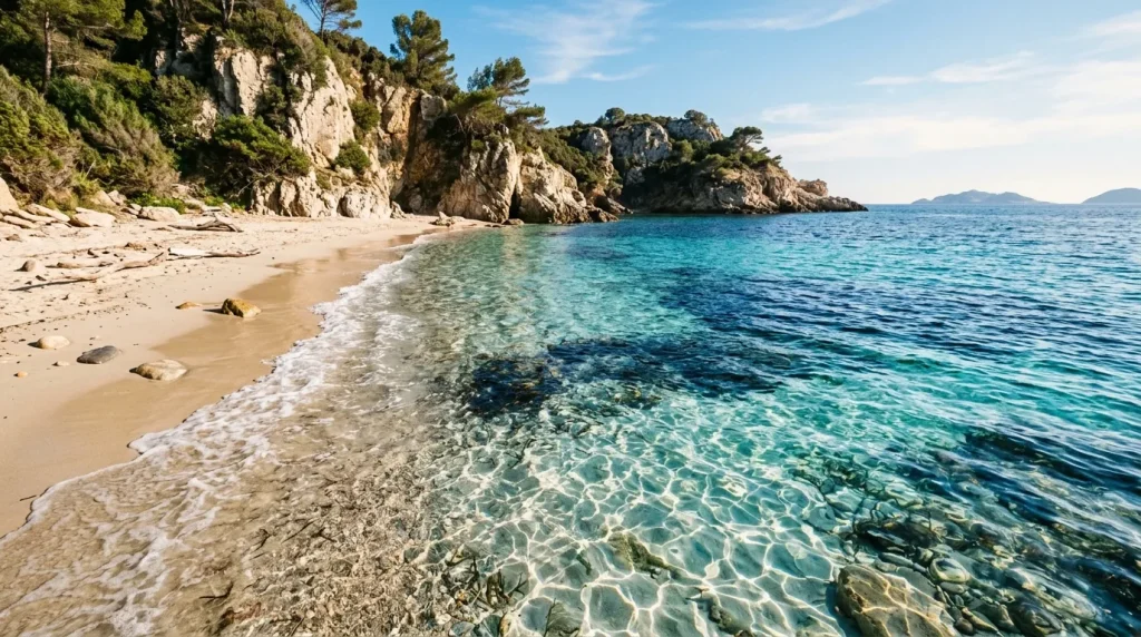 Plage de sable blanc avec falaises rocheuses et mer turquoise claire