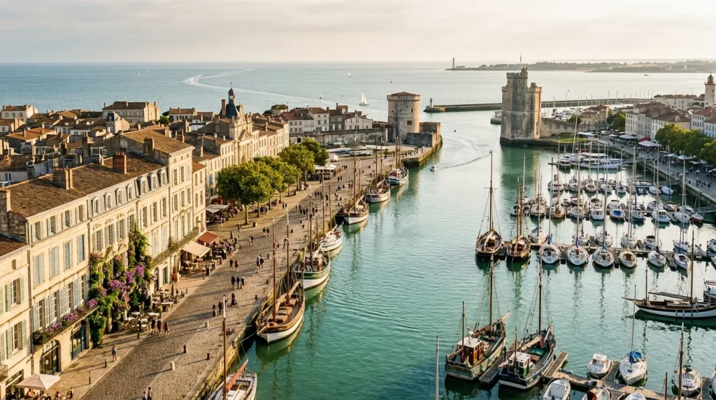 Vue aérienne du port avec tours médiévales et bateaux amarrés
