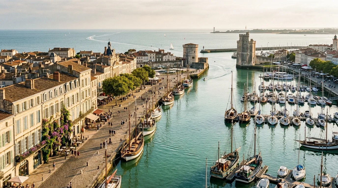 Vue aérienne du port avec tours médiévales et bateaux amarrés