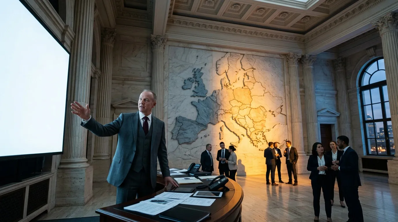 Homme en costume présentant devant une carte illuminée de l'Europe