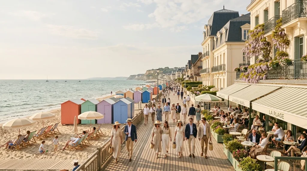 Plage normande avec cabines colorées et terrasse animée