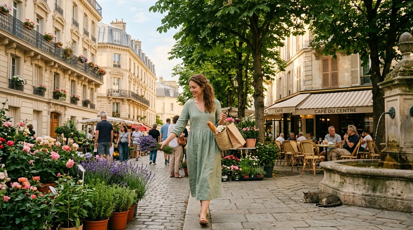 Femme marchant dans une place parisienne fleurie avec café