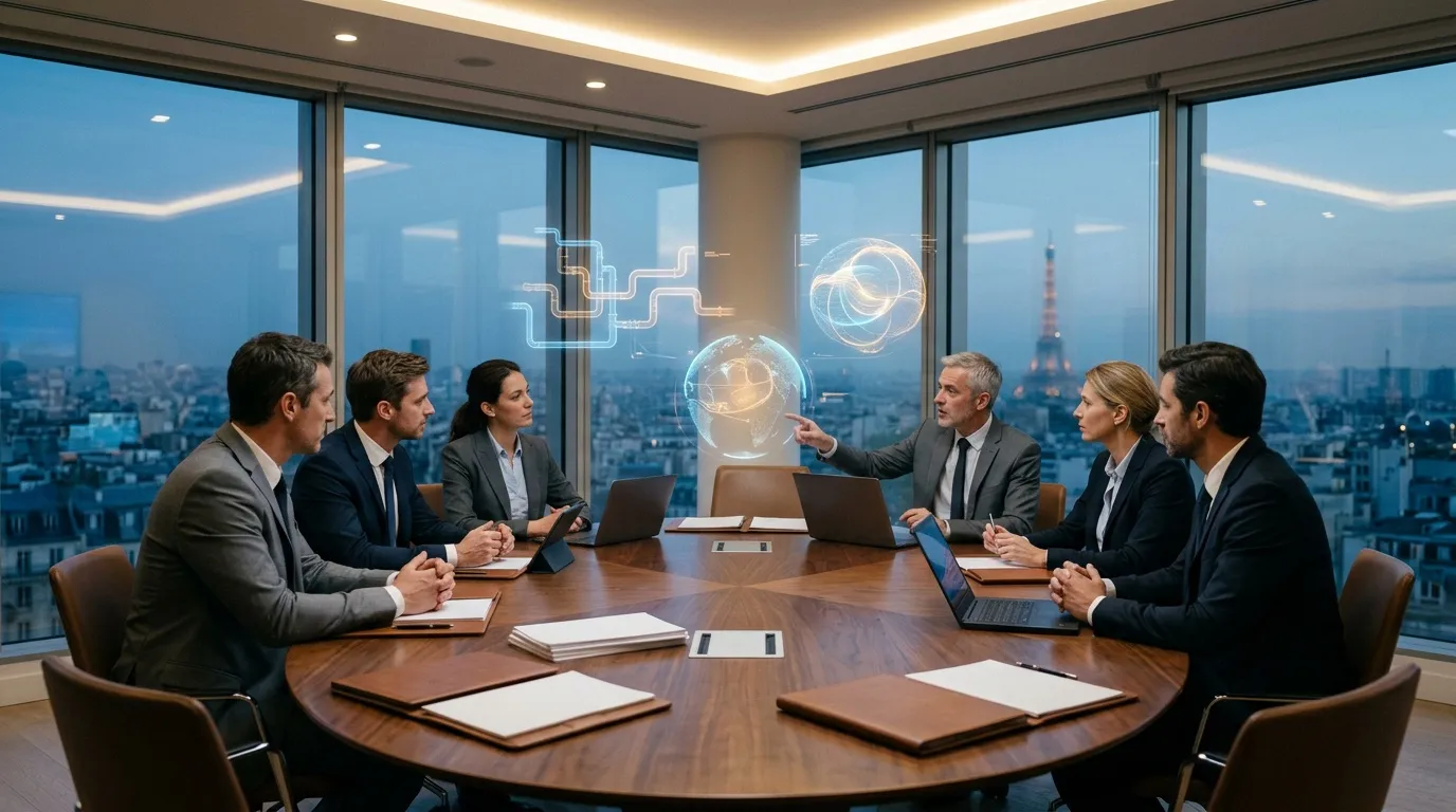 Équipe professionnelle discutant autour d'une table avec hologrammes
