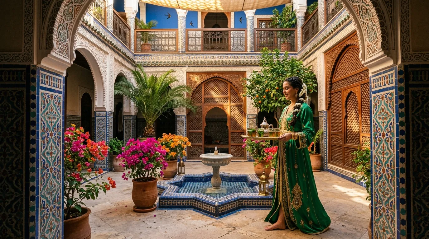 Femme en robe verte dans patio marocain orné