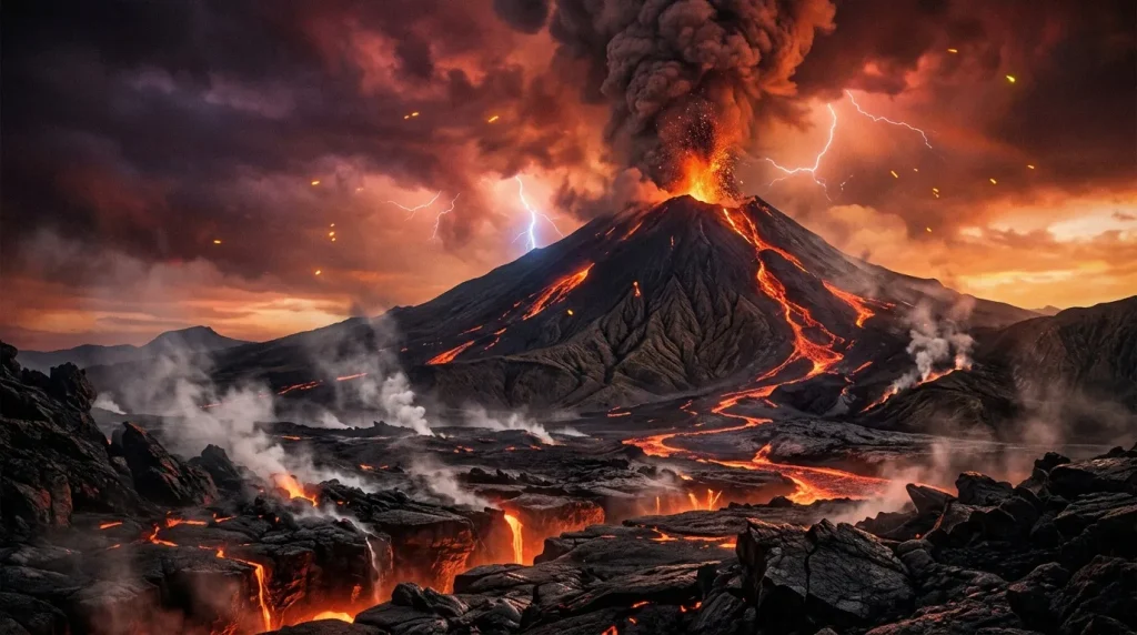 Volcan en éruption avec lave, fumée et éclairs