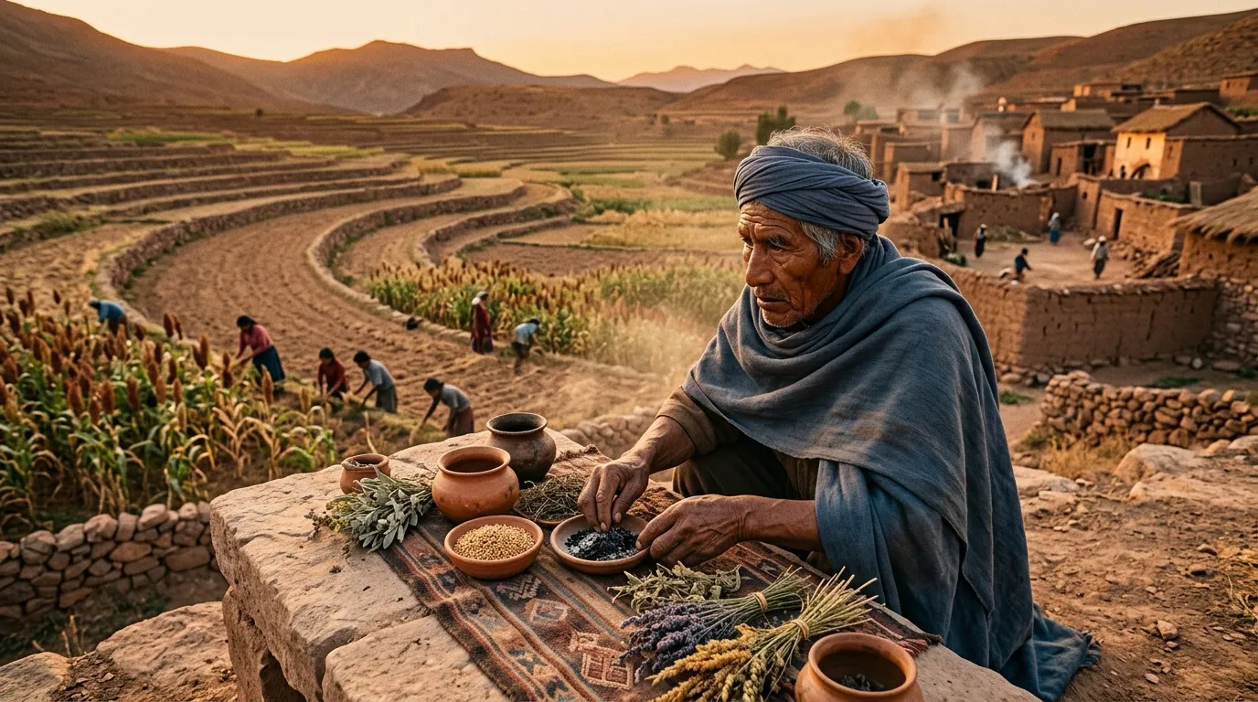 Homme berbère présentant herbes médicinales et récoltes traditionnelles