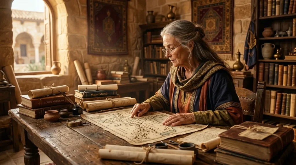 Femme âgée examine une carte ancienne dans une bibliothèque médiévale